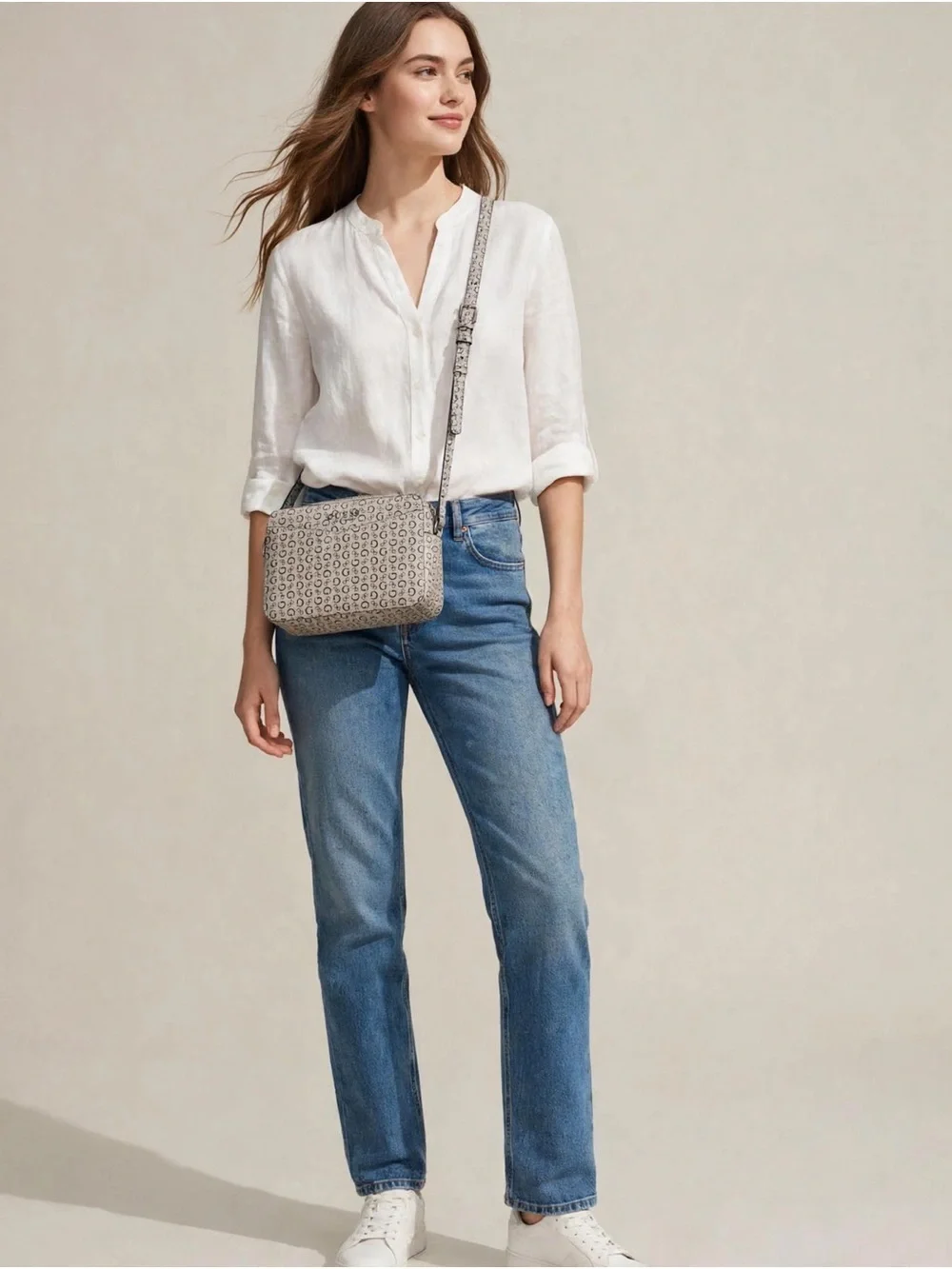 Guess Neutral Logo Crossbody Bag in Beige
